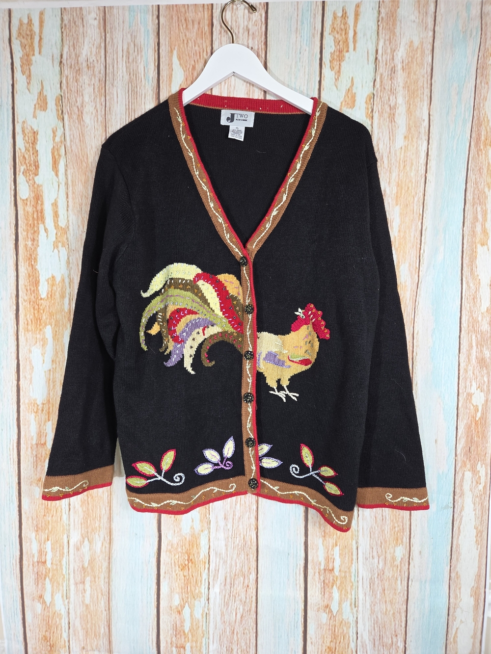 Jtwo Y2k Black Rooster Embroidered V-Neck Cardigan Sweater Beaded Size XL